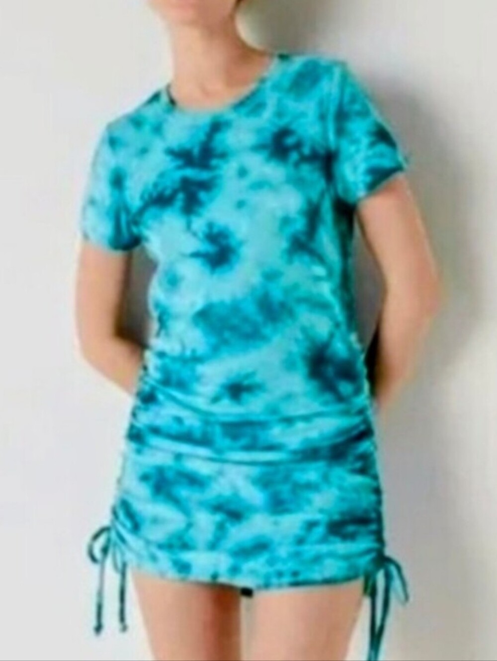 Victoria Secret PINK Blue Tie-Dye Short Sleeve Ruched Dress with Side Ties